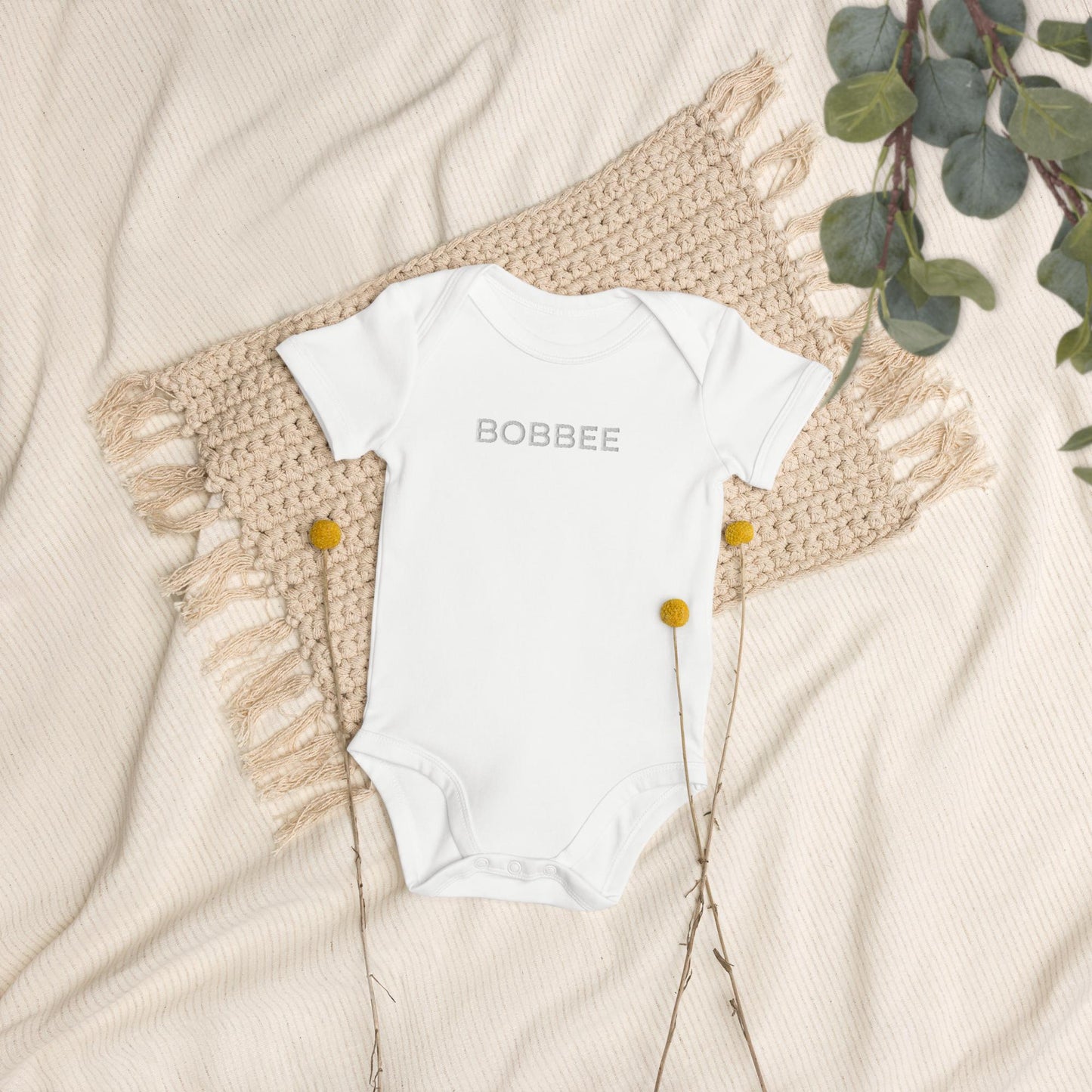 Organic Cotton Baby Bodysuit - Soft & Breathable - White & Beige